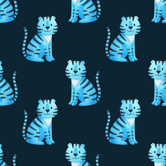 A blue tiger on a dark blue background. Seamless pattern with the symbol of the new year 2022. watercolor ornament of animals. Cute Maltese tiger cub is sitting. Holiday print