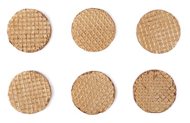 Set round wafer with cocoa cream, bars isolated on white background, top view