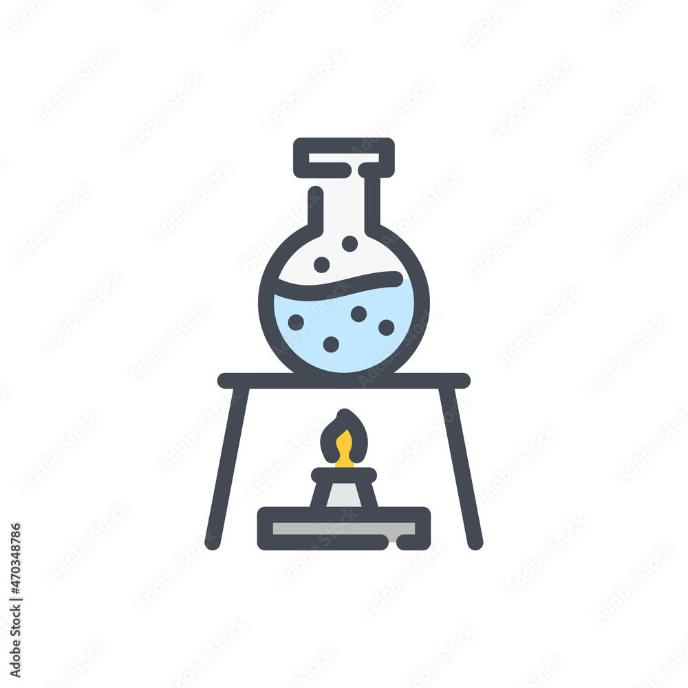 Poster heating of round bottom flask with liquid color line icon. laboratory experiment with flask and flam