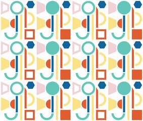Bauhaus Trendy Colors Retro Seamless Pattern. Circles, squares, polygons, rectangles, arcs in geometry. Used Pantones Cascade Mint, Coral Rose Orange, Super Sonic Blue, Popcorn Yellow, Potpourri Pink.
