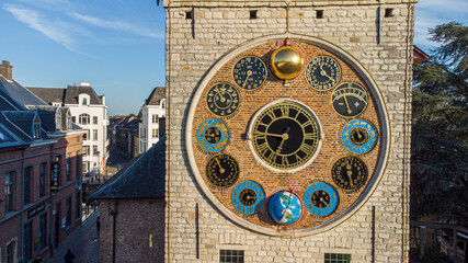 The Zimmer tower, a tower in Lier, Belgium, also known as the Cornelius tower showing Jubilee Clock and Astronomical Studio. Drone aerial from above shot