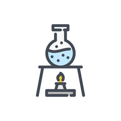 Heating of round bottom flask with liquid color line icon. Laboratory experiment with flask and flame vector outline colorful sign.