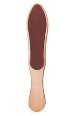 Foot file with a wooden handle on a white background. Isolated. Grater for heels. Skin care. Vertical. Pedicure tool