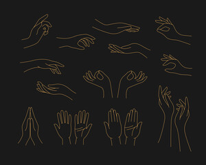 Woman gold outline hands celestial on the black background.