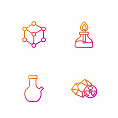 Set line Radioactive, Test tube, Molecule and Alcohol or spirit burner. Gradient color icons. Vector