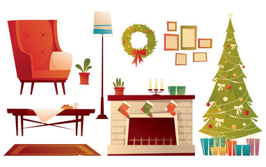 Obraz premium Christmas set of home supplies. Armchair, tree, fireplace, sock with gifts, wreath.