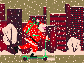 Vector graphics - Santa Claus in a red suit rides along the road on a scooter with a big gift on a street with tall modern houses and snowfall. Concept Christmas greeting card