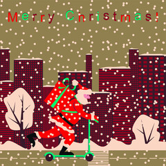 Vector graphics - Santa Claus in a suit rides along the road on a scooter with a big gift on a street with tall modern houses and snowfall. Concept Christmas greeting card