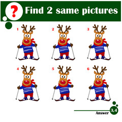 The educational kid matching game for preschool kids with easy gaming level, he task is to find similar objects, to compare items and find two same deer