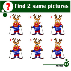 Fototapeta premium The educational kid matching game for preschool kids with easy gaming level, he task is to find similar objects, to compare items and find two same deer