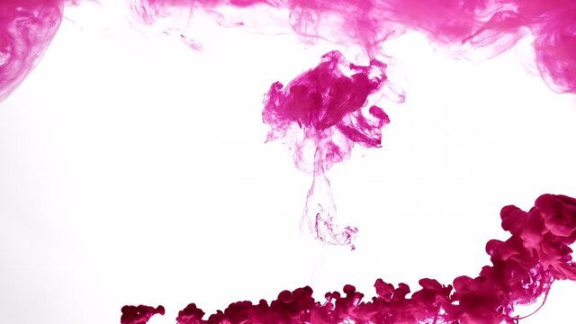 Clouds of fuchsia color ink rise swirling in clear water as decorative abstract background slow motion extreme close view