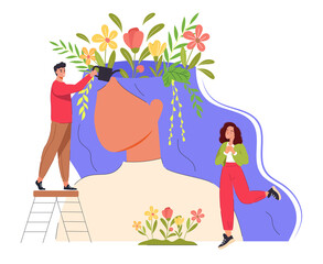 Obraz na płótnie Canvas Mental health concept. Tiny people and flowers inside female head abstract vector illustration. Positive thinking, self care, healthy slow life. Wellbeing, wellness mind. Acceptance, blooming brain.