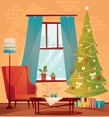 Living room decorated for Christmas and New Year. An empty armchair near a Christmas tree with gifts and a fireplace. Vector flat illustration.