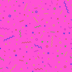 Full seamless geometric confetti vector background with circle, square zigzag and wavy line ribbons. Fabric print texture.