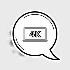 Line Laptop screen with 4k video technology icon isolated on grey background. Colorful outline concept. Vector