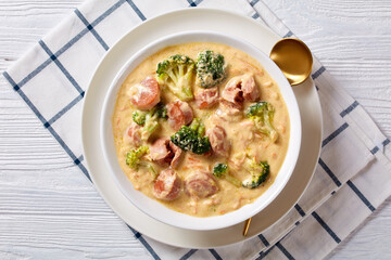 Broccoli Cheddar cheese Sausage Soup in a bowl