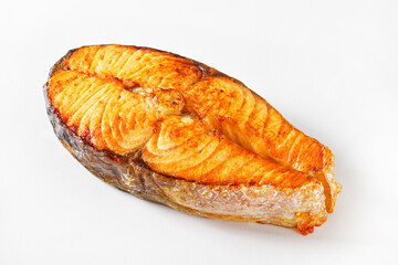 baked salmon steak on a white background