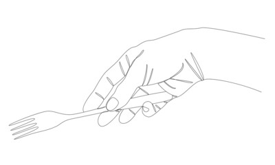 Obraz premium Silhouettes of a man's hand holding a fork in a modern one line style. Continuous line drawing, aesthetic outline for home decor, posters, wall art, stickers, logo. Vector illustration.