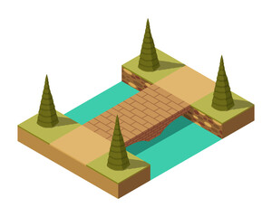 Bridge isometric. 3d isolated drawing elements of a modern urban infrastructure for games or applications. Bridge across the river isometric icon. Element infographic
