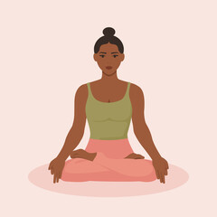 African american woman meditating in lotus pose. Female sits with legs crossed and peaceful face. Padmasana yoga pose. Vector illustration.