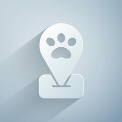 Paper cut Location pet grooming icon isolated on grey background. Pet hair salon. Barber shop for dogs and cats. Paper art style. Vector