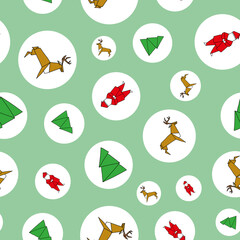 Vector Green Origami Christmas with circles seamless background pattern