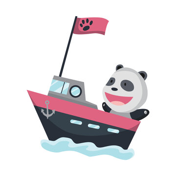 Cute panda animal sailing on boat. Vector funny cartoon sailor on ship steamer with water waves isolated on white background. Baby character