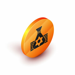 Isometric Jewish money bag with star of david icon isolated on white background. Currency symbol. Orange circle button. Vector