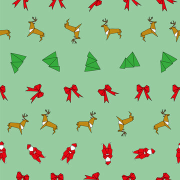 Vector Green Origami Christmas with ribbon, Santa, and rendeer seamless background pattern