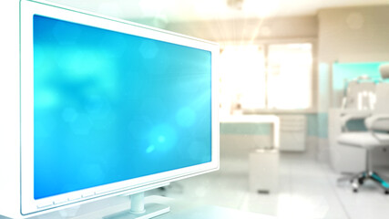 nice mockup - blue screen monitor in office with empty place - computer generated object 3D rendering