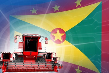 Fototapeta na wymiar Farm machinery modernisation concept, 3 red modern wheat combine harvesters on Grenada flag - digital industrial 3D illustration