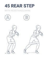 45 Degree Rear Step with Resistance Band Cardio Bunny Exercise. Steps Back with Fitness Band.