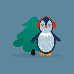 New Year's card with an animal of Antarctica. A festive poster with a Penguin at the Christmas tree. Cartoon illustration with a bird. Vector illustration