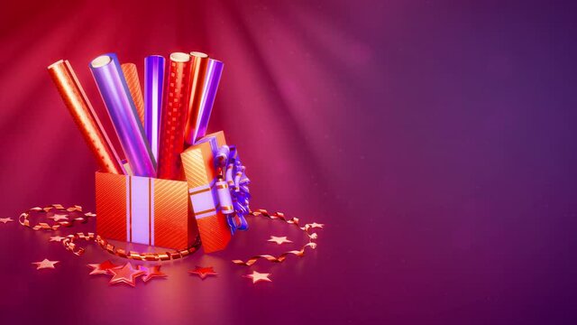 present wrapping paper and surprise gift box rotate on vivid bg