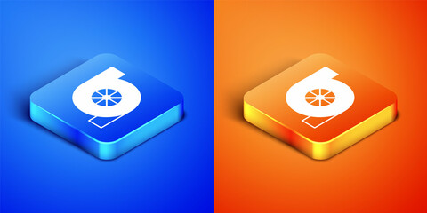 Isometric Automotive turbocharger icon isolated on blue and orange background. Vehicle performance turbo. Turbo compressor induction. Square button. Vector