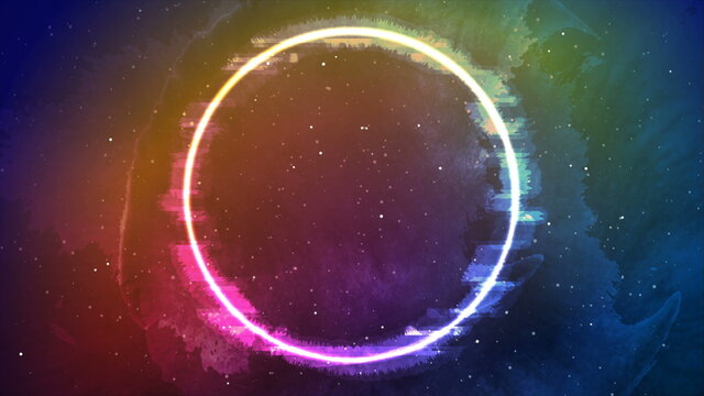 Glitch laser neon circle on grunge sky background