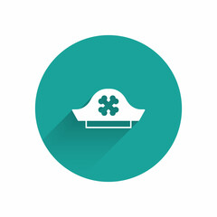 White Pirate hat icon isolated with long shadow background. Green circle button. Vector