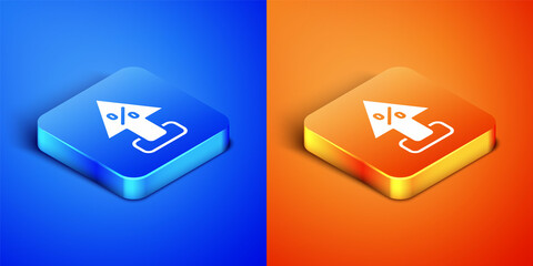 Isometric Percent up arrow icon isolated on blue and orange background. Increasing percentage sign. Square button. Vector