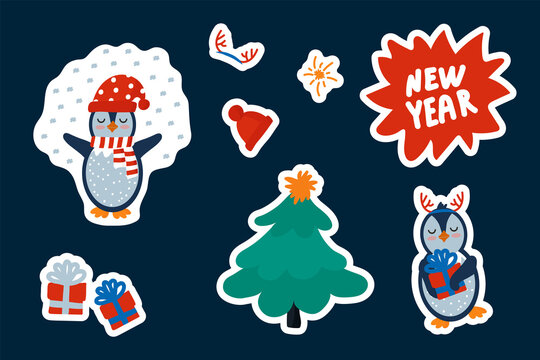 A set of Festive Penguins stickers. Cartoon characters with birds. For New Year's design, a Christmas tree, Gifts, a Penguin, Deer horns, an inscription happy New Year. Vector illustration