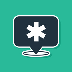 Obraz premium Blue Medical map pointer with cross hospital icon isolated on green background. Vector