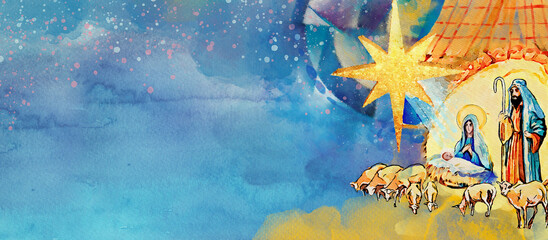 Nativity scene. Merry Christmas watercolor card - obrazy, fototapety, plakaty