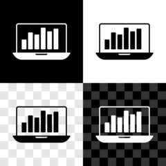 Set Laptop with graph chart icon isolated on black and white, transparent background. Report text file icon. Accounting sign. Audit, analysis, planning. Vector