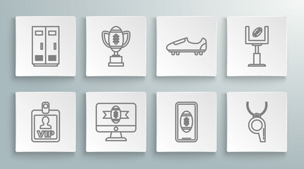 Set line VIP badge, on tv program, Smartphone with american the screen, Whistle, Soccer or shoes spikes, goal post and Locker changing room for football, basketball team workers icon. Vector