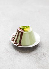 Avocado cream pudding with chocolate sauce on a platte on a light gray background