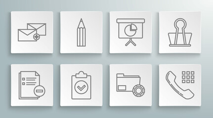 Set line Document with minus, Folder settings gears, Telephone handset, Presentation financial board graph, schedule, chart, diagram, infographic, pie graph, Binder clip and Envelope icon. Vector