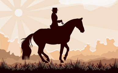 a hand-drawn realistic silhouette of a horsewoman isolated on a colored landscape background in the rays of the sun