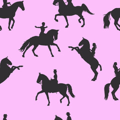 silhouettes of female riders isolated on a rose background, seamless background, pattern for decoration, equestrian sports 