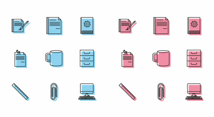 Set line Ruler, Paper clip, Blank notebook and pen, Computer monitor with keyboard, Coffee cup flat, Drawer documents, Note paper pinned pushbutton and File icon. Vector