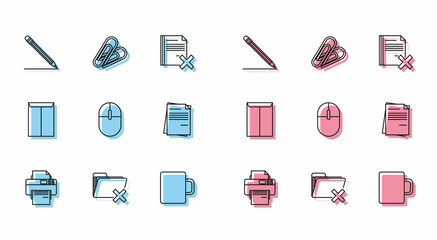Set line Printer, Delete folder, Pencil with eraser and line, Coffee cup, Computer mouse, File document, Envelope and Paper clip icon. Vector