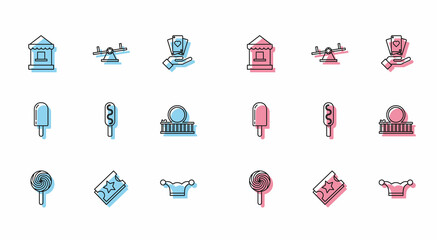 Set line Lollipop, Ticket, box office, Jester hat with bells, Corn dog, Roller coaster, Ice cream and Seesaw icon. Vector